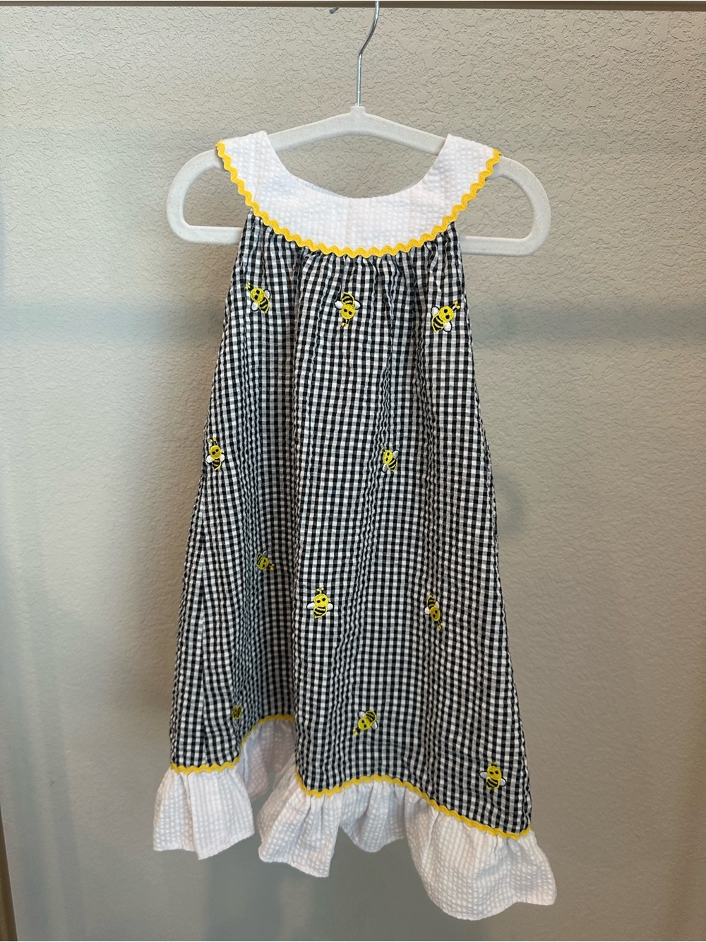 Emily Rose Black Gingham Dress with Yellow Bee Embroidery and White Ruffle Trim